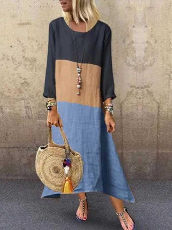 Contrast color long sleeve round neck cotton and linen stitching dress long dress