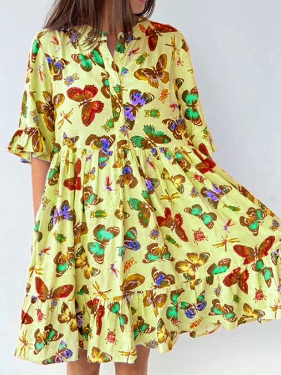 Holiday Round Neck Butterfly Print Dress