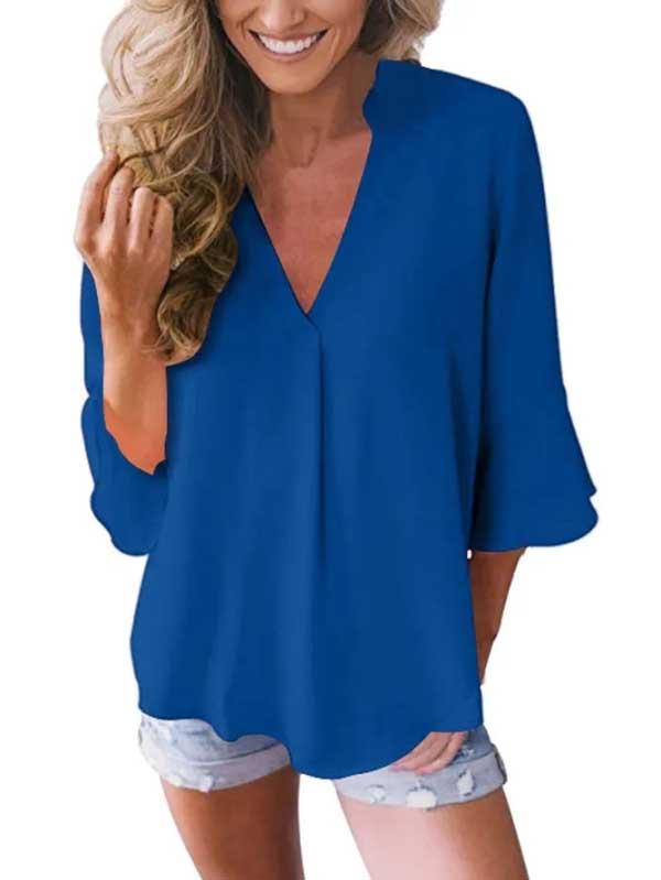 V-neck ruffled 3/4 sleeves loose chiffon shirt