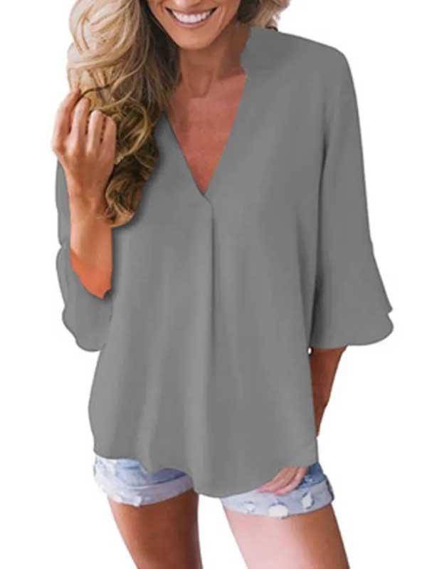 V-neck ruffled 3/4 sleeves loose chiffon shirt
