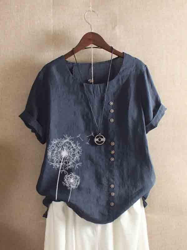 Cotton and linen printed loose casual shirt