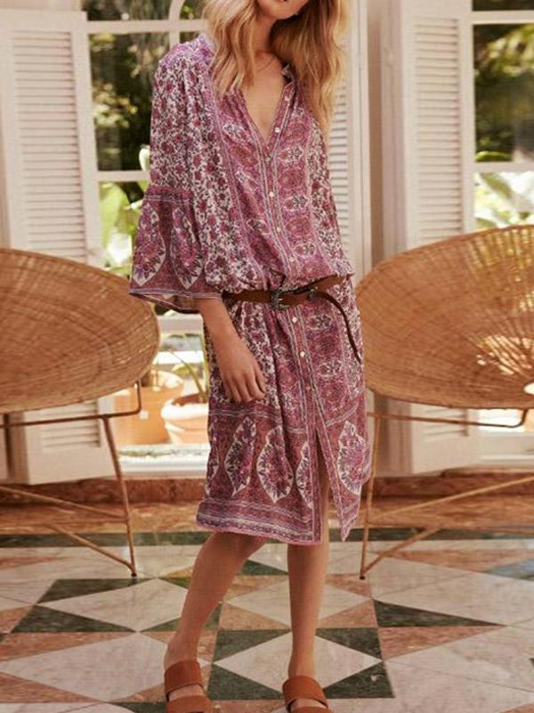 Retro Boho Print Button Down Mini Dress