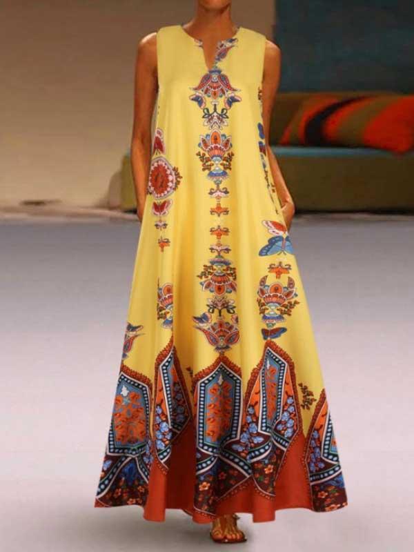 Retro palace style printed V-neck sleeveless long dress dress
