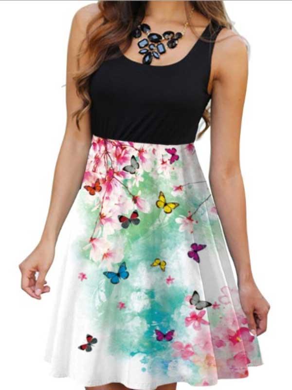 Sleeveless crew neck butterfly print dress