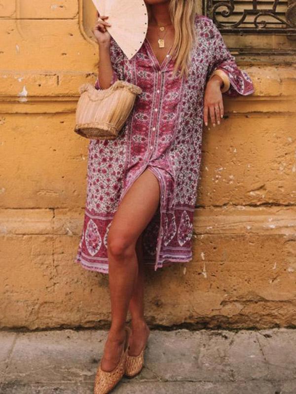 Retro Boho Print Button Down Mini Dress