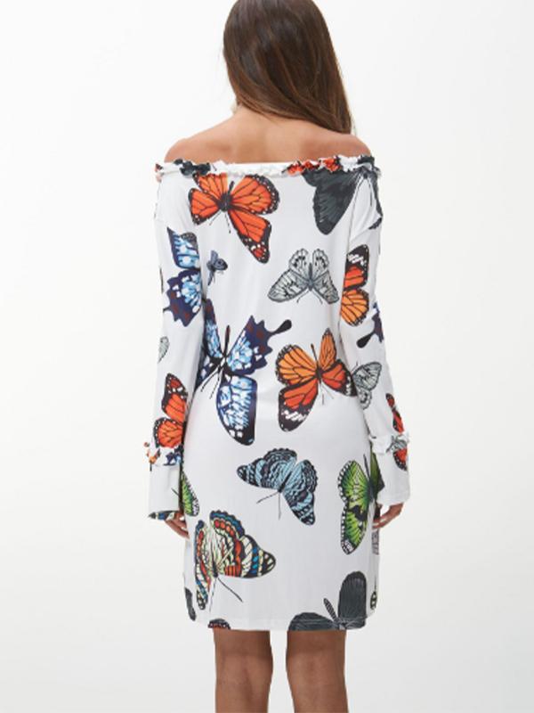 Ladies Fashion Butterfly Print Off Shoulder Long Sleeve Dress