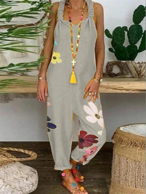 Women's loose plus size cotton and linen printed jumpsuit