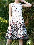 Ladies fashion butterfly print lace up sleeveless dress
