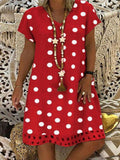 Ladies fashion V-neck polka dot cotton and linen dress