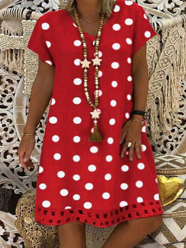 Ladies fashion V-neck polka dot cotton and linen dress