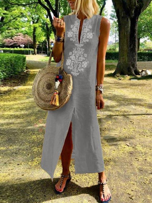 Women's V-neck front split sleeveless cotton and linen dress