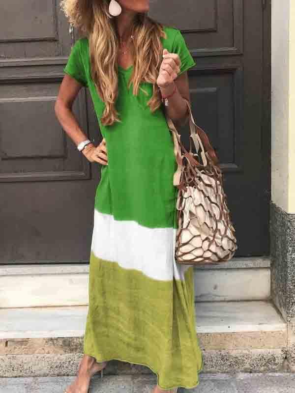 Cotton and linen loose contrast printed V-neck dress