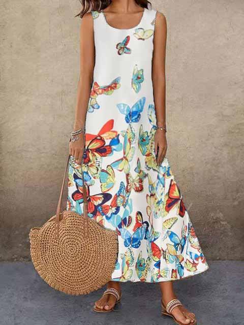 Ladies fashion butterfly print sleeveless cotton and linen dress