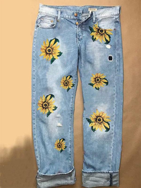 Women's Fashion Daisy Print Straight Jeans