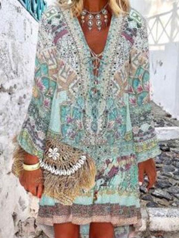 Ladies bohemian V-neck irregular dress