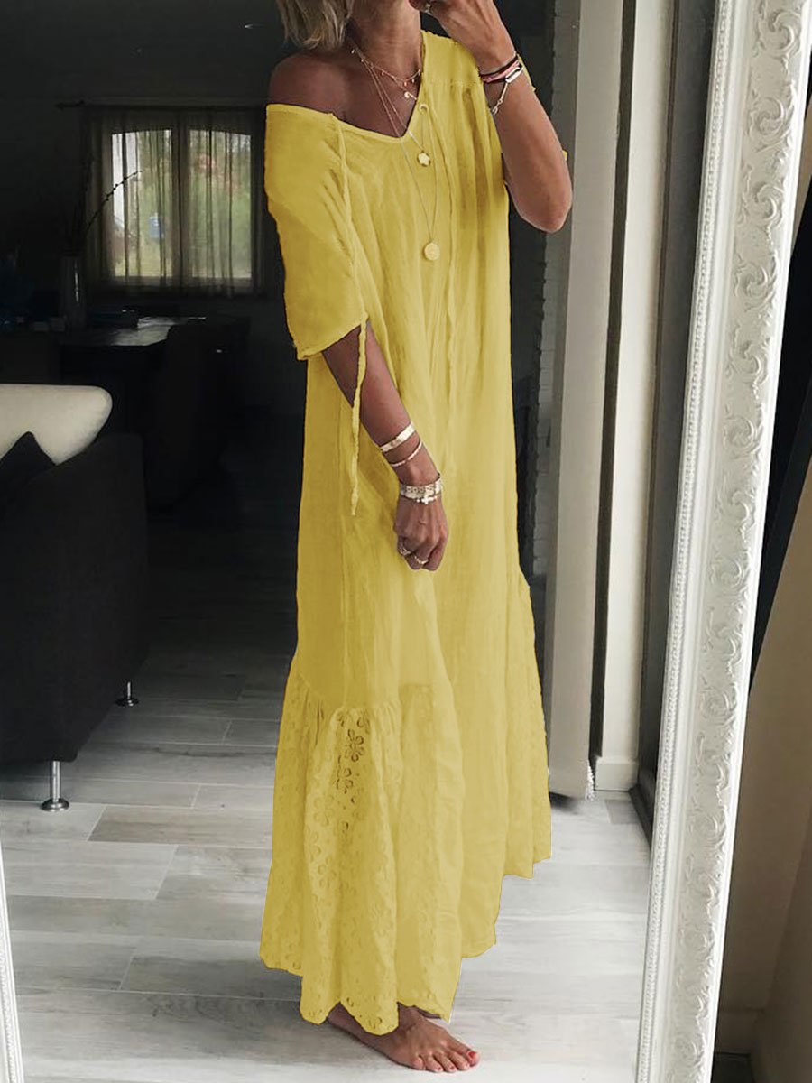 Solid Color Short Sleeve V-Neck Dress