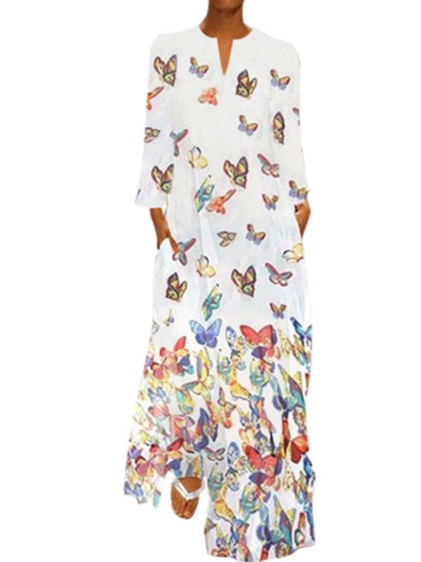 Lady Butterfly Print V-neck Long Sleeve Dress