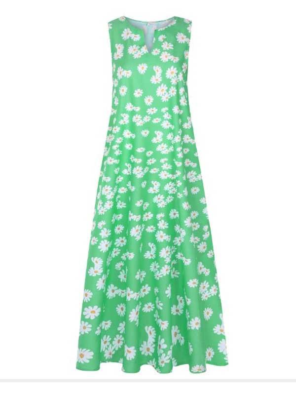 Small Daisy Print V-Neck Sleeveless Long Dress Long Dress