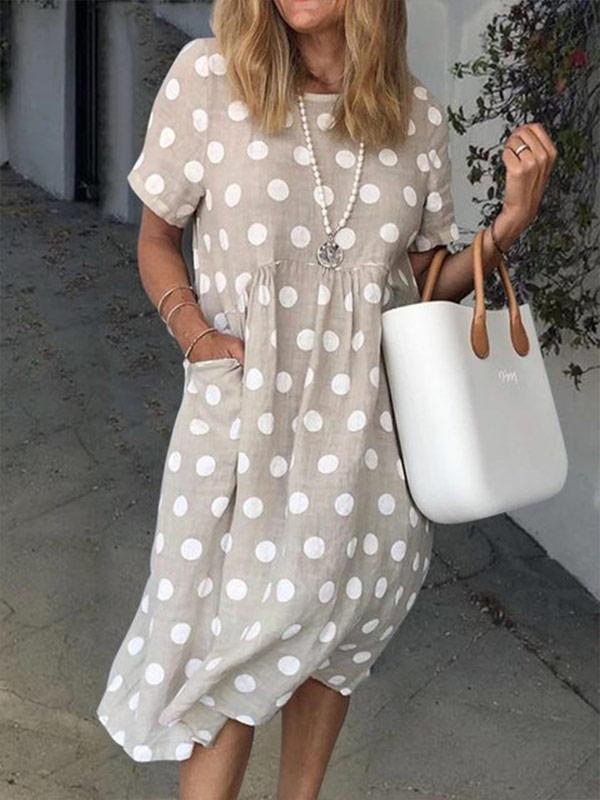 Women's Polka Dot Print Pocket Loose Short Sleeve Dress