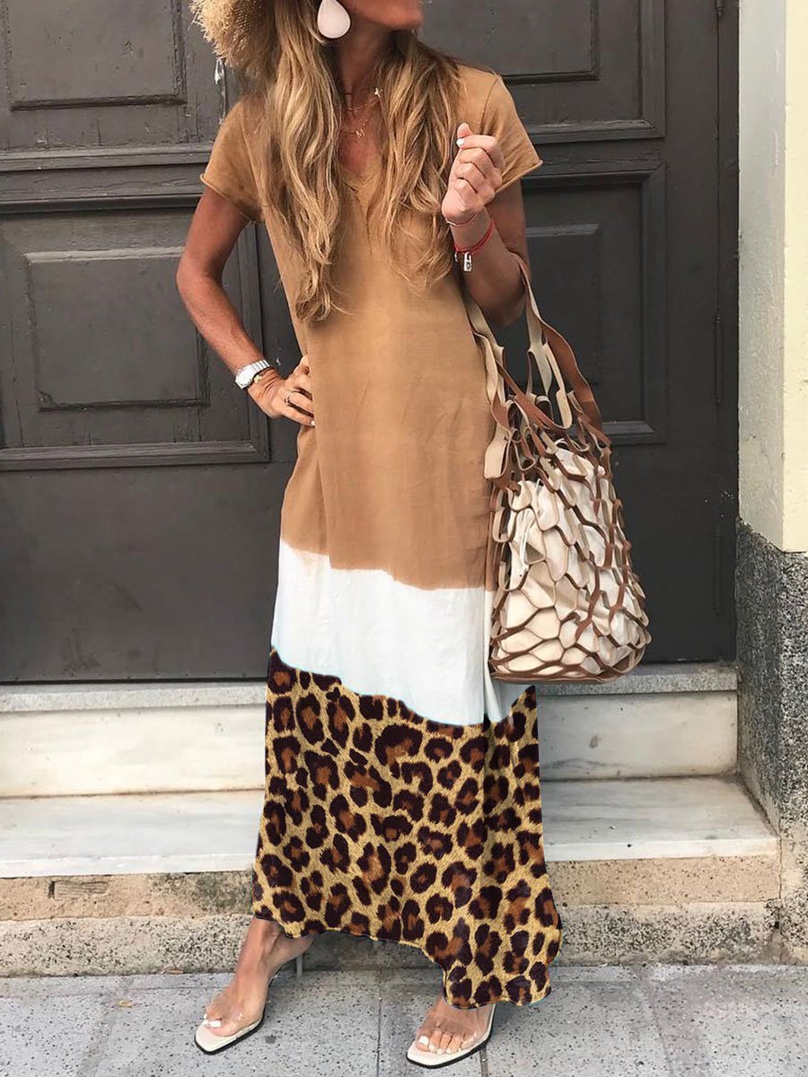 Holiday Stitching Leopard Print Tricolor Dress