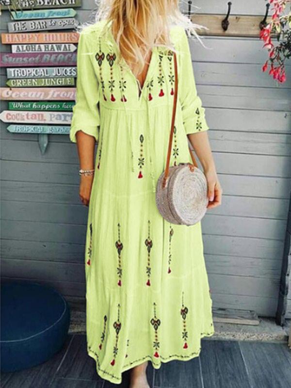 Women's fashion print drawstring cotton and linen long-sleeved dress