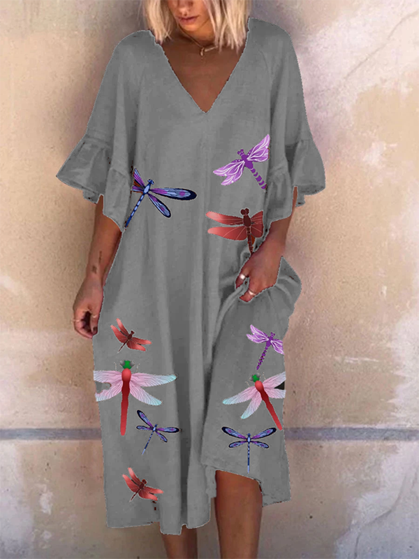 Multicolor Dragonfly Print Ruffled Sleeve Midi Dress