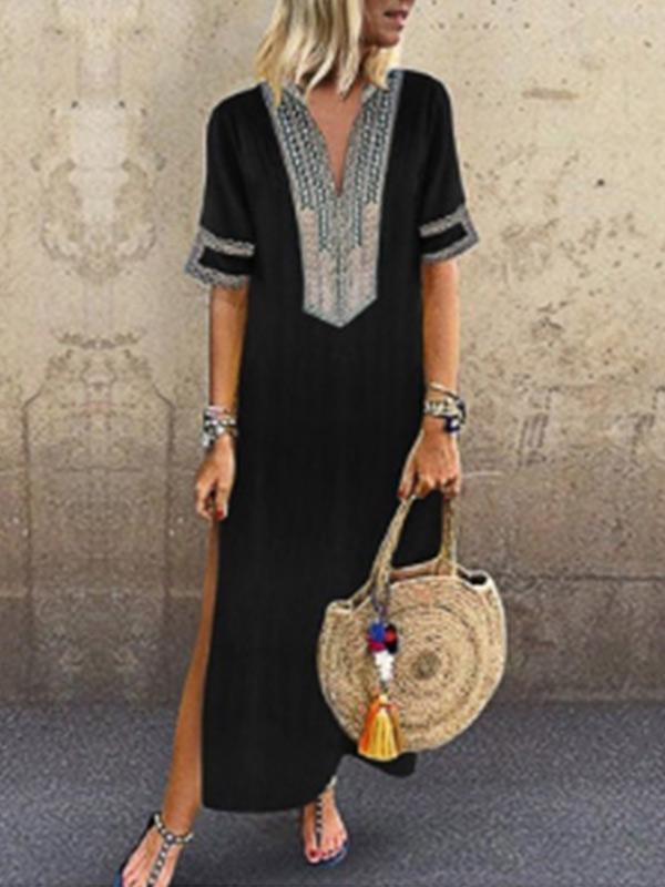 Ladies ethnic style V-neck casual loose dress