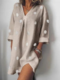 Women's loose cotton and polka dot print V-neck dress