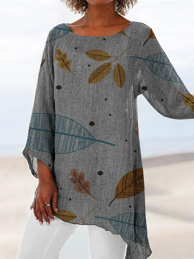 Leaf Print Asymmetrical Hem Tunic Shirt