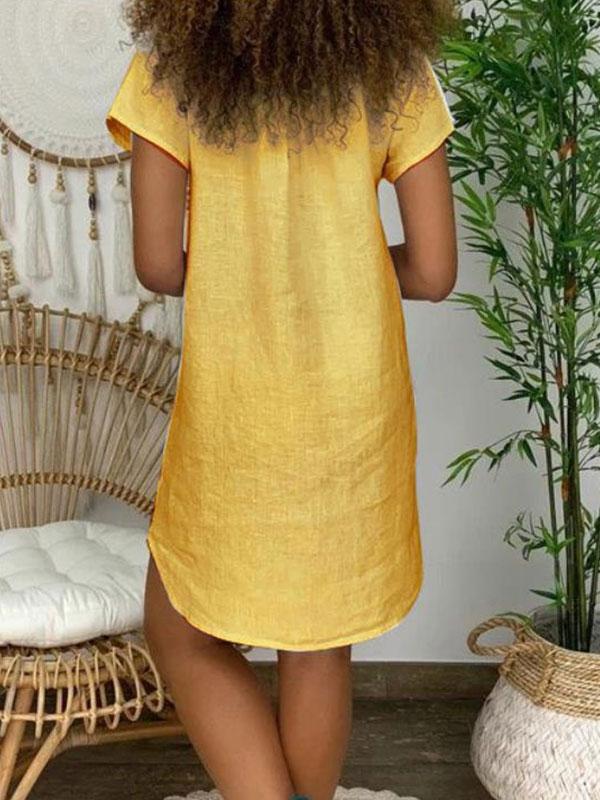 Women's loose cotton and linen butterfly print V-neck dress