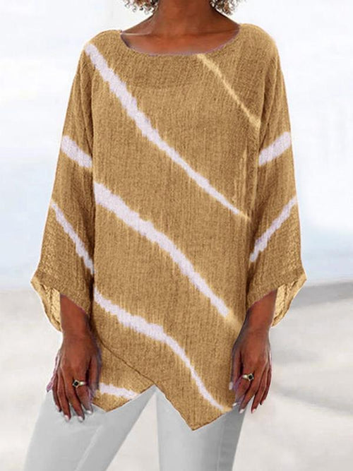 Asymmetrical Hem Striped Print 3/4 Sleeve Tunic Shirt