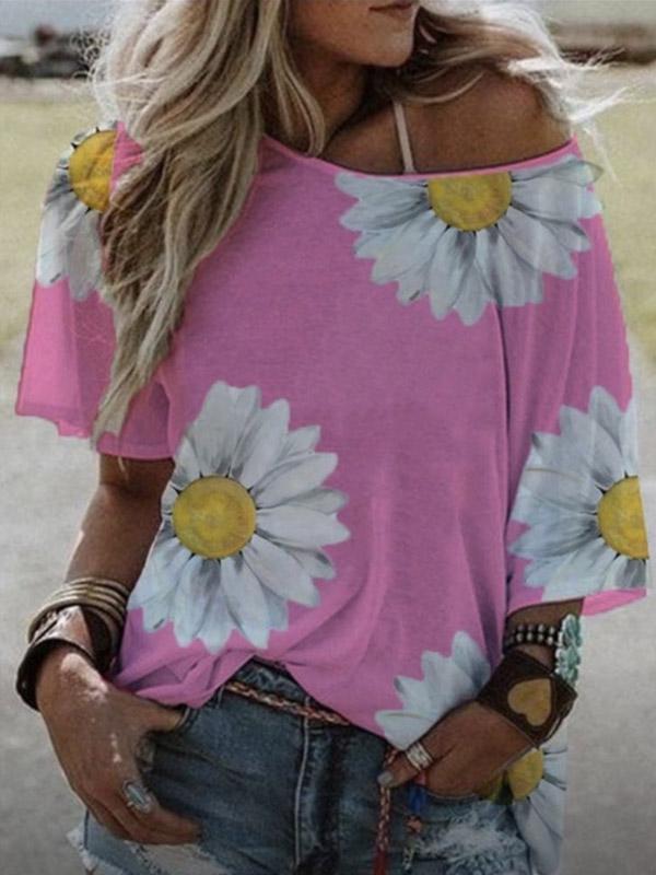 Women's loose daisy print short-sleeved T-shirt