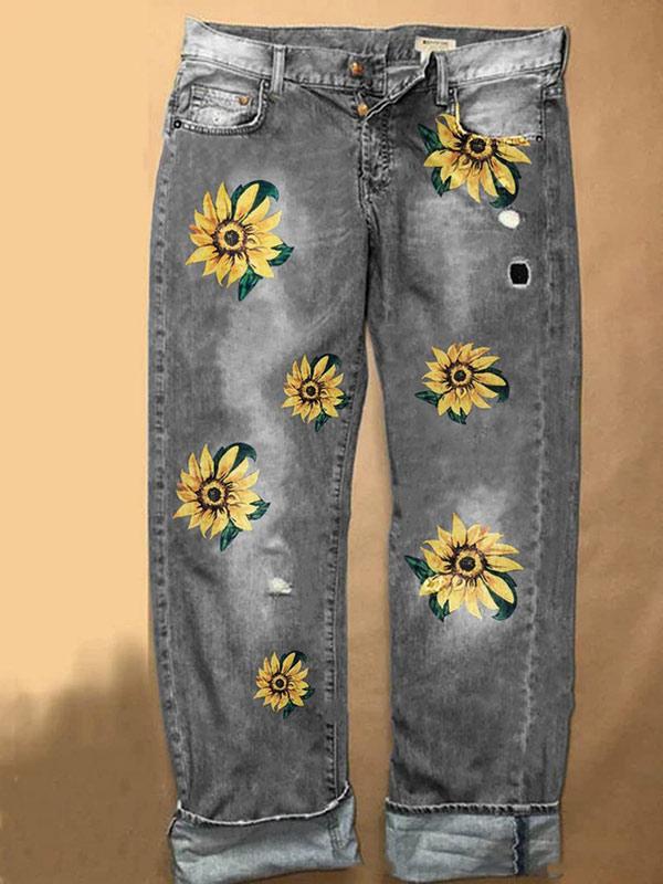 Women's Fashion Daisy Print Straight Jeans