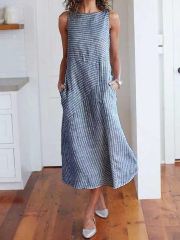 Women's striped round neck sleeveless slim dress