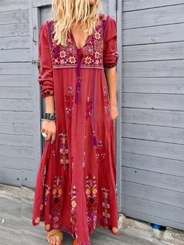 Women's Bohemian Print Drawstring Dress