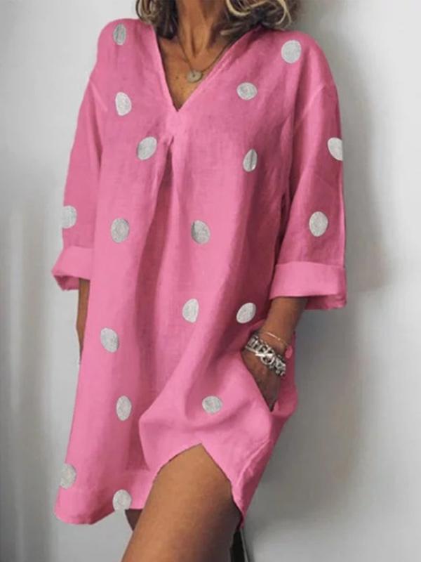 Women's loose cotton and polka dot print V-neck dress