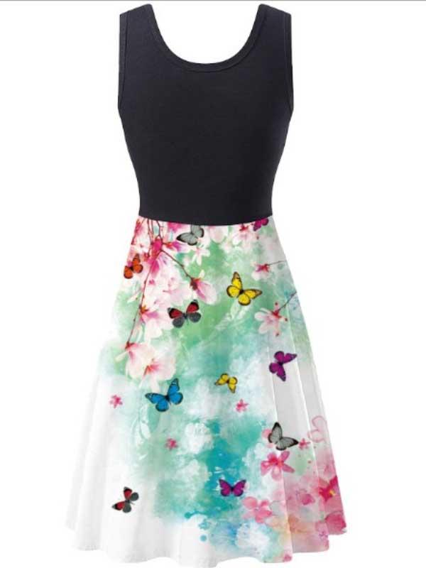 Sleeveless crew neck butterfly print dress