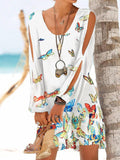 Ladies Deep V-Neck Butterfly Print Loose Shoulder Long Sleeve Casual Beach Dress