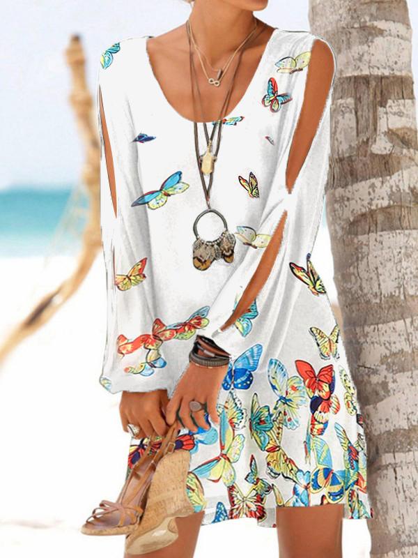 Ladies Deep V-Neck Butterfly Print Loose Shoulder Long Sleeve Casual Beach Dress
