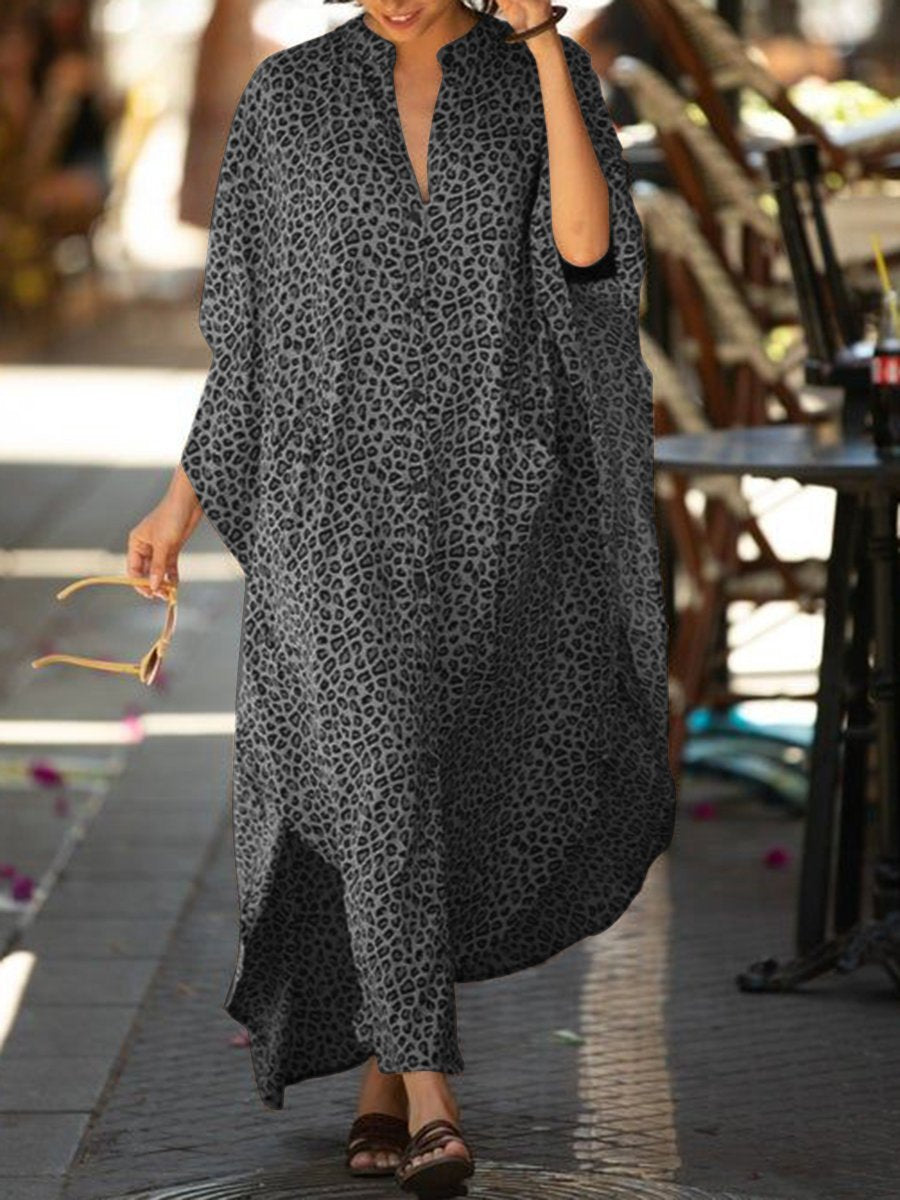 Fashionable Casual Loose Leopard V-neck Dress