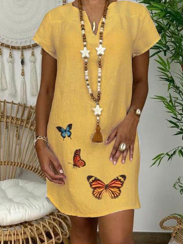 Women's loose cotton and linen butterfly print V-neck dress