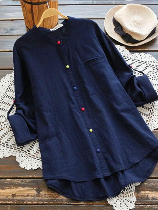 Wild stand collar collar buckle long sleeve shirt