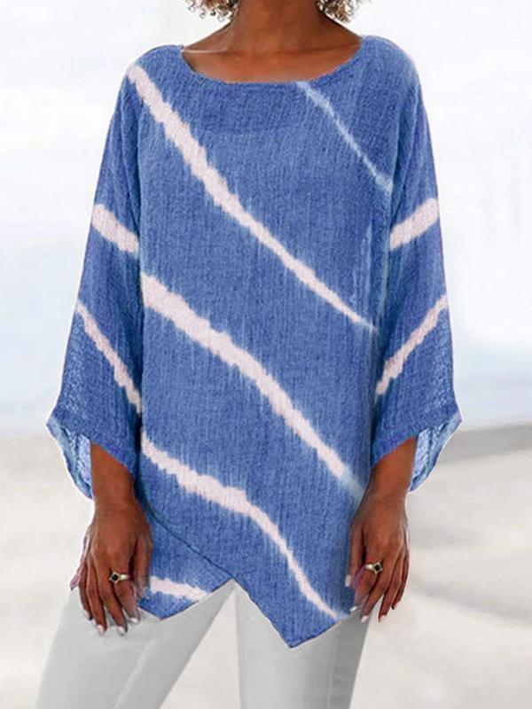 Asymmetrical Hem Striped Print 3/4 Sleeve Tunic Shirt