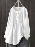 Cotton and linen women's pleated round neck shirt