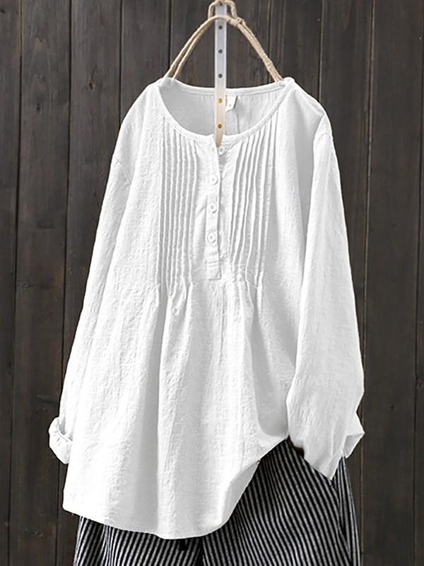 Cotton and linen women's pleated round neck shirt