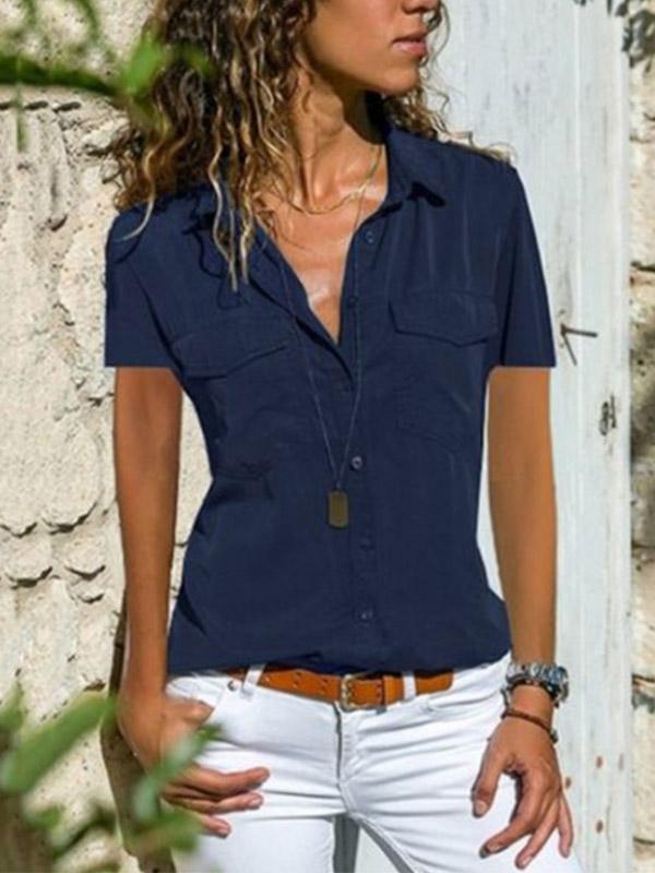 Women's lapel pocket short sleeve shirt