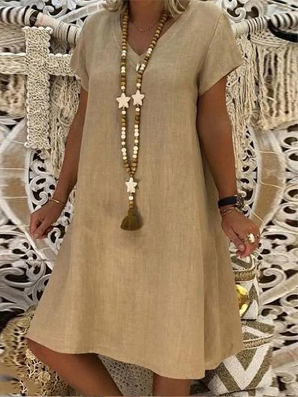 Solid color short sleeve V-neck dress