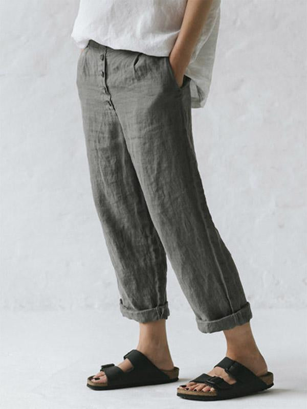 Women's Loose Oversized Cotton Linen Pocket Buttoned Pants