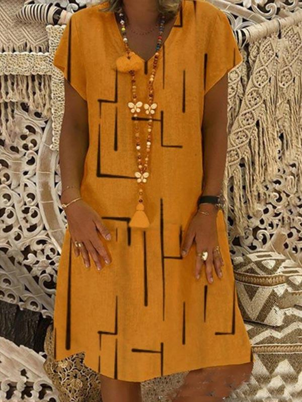 Women's loose cotton and linen printed V-neck dress