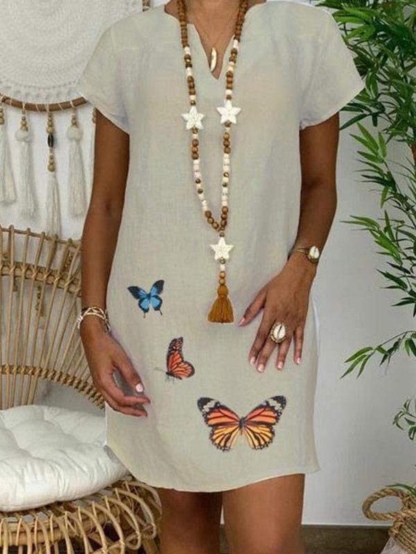 Women's loose cotton and linen butterfly print V-neck dress